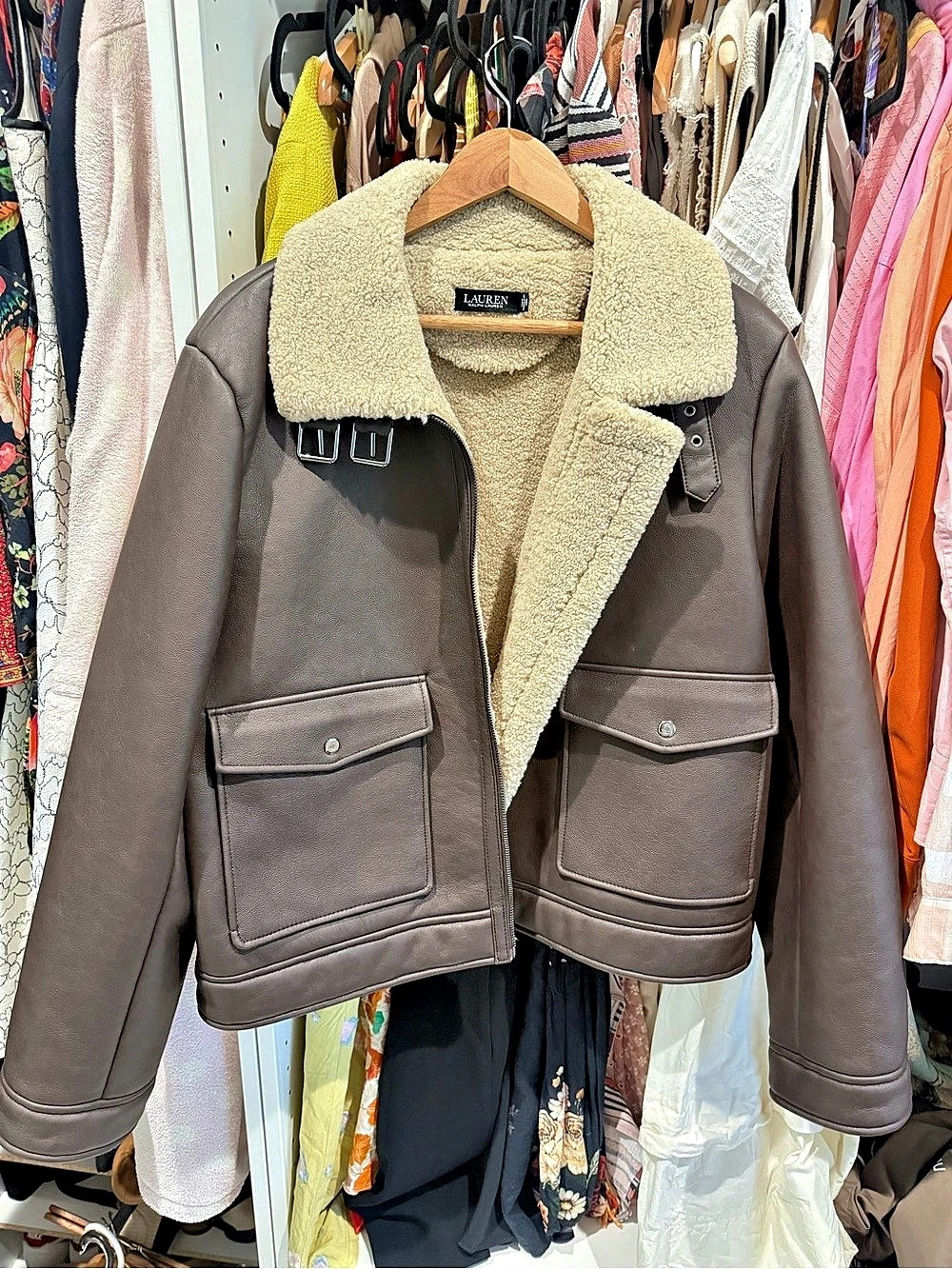 Lauren Ralph Lauren Leather Jacket Brown & Cream XL Like New